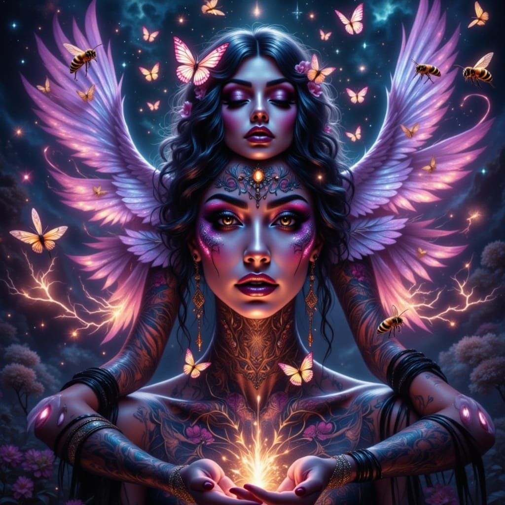 Sorceress Ritual in Pastel Goth Light with Glowing Bees