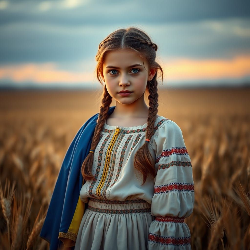 Serenely Standing Ukrainian Beauty in Wheat Field