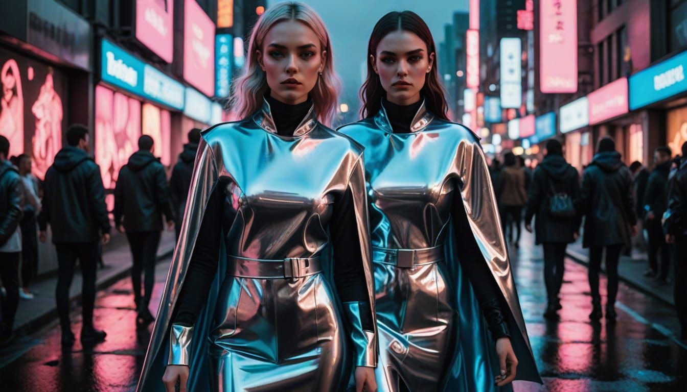 Elegant Cyberpunk Streetwear in Shimmering Silver Latex