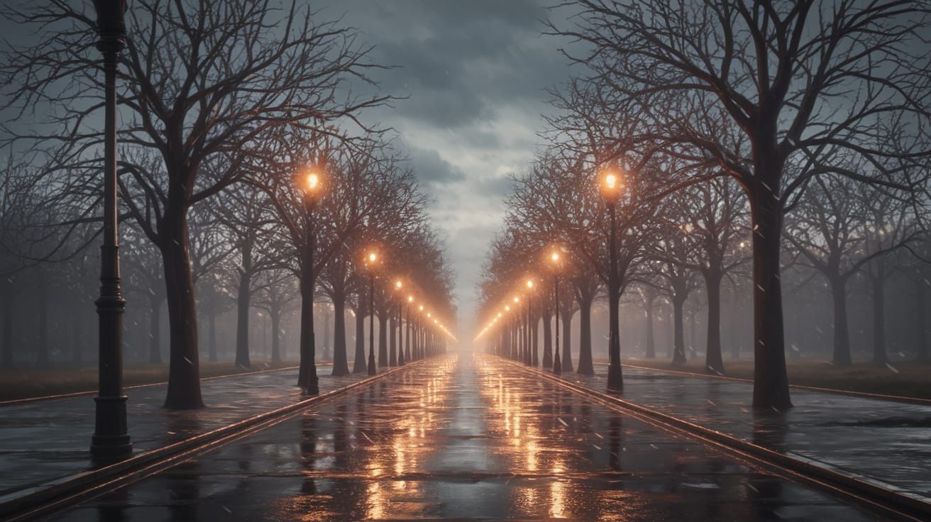 Rainy Street Scene in Moody Atmosphere