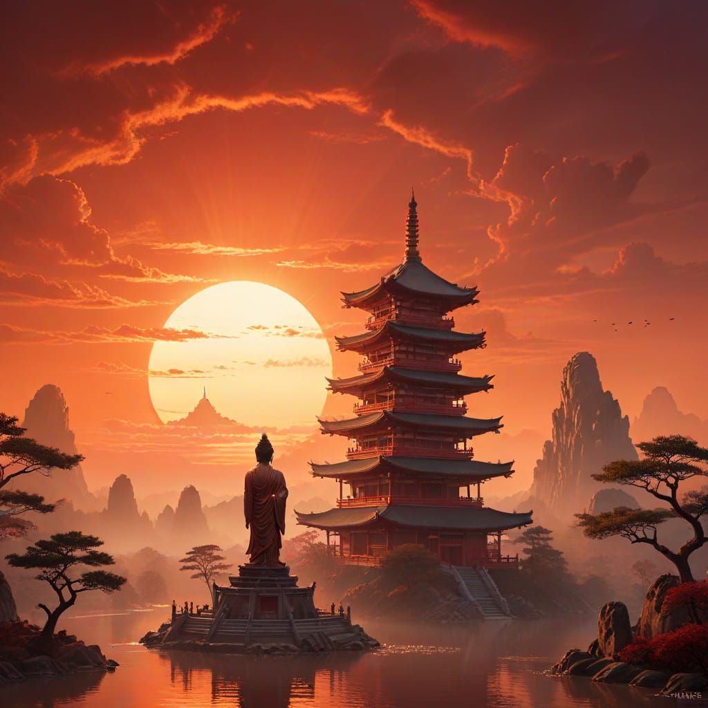 Serene Chinese Pagoda at Dawn with Buddha Statue
