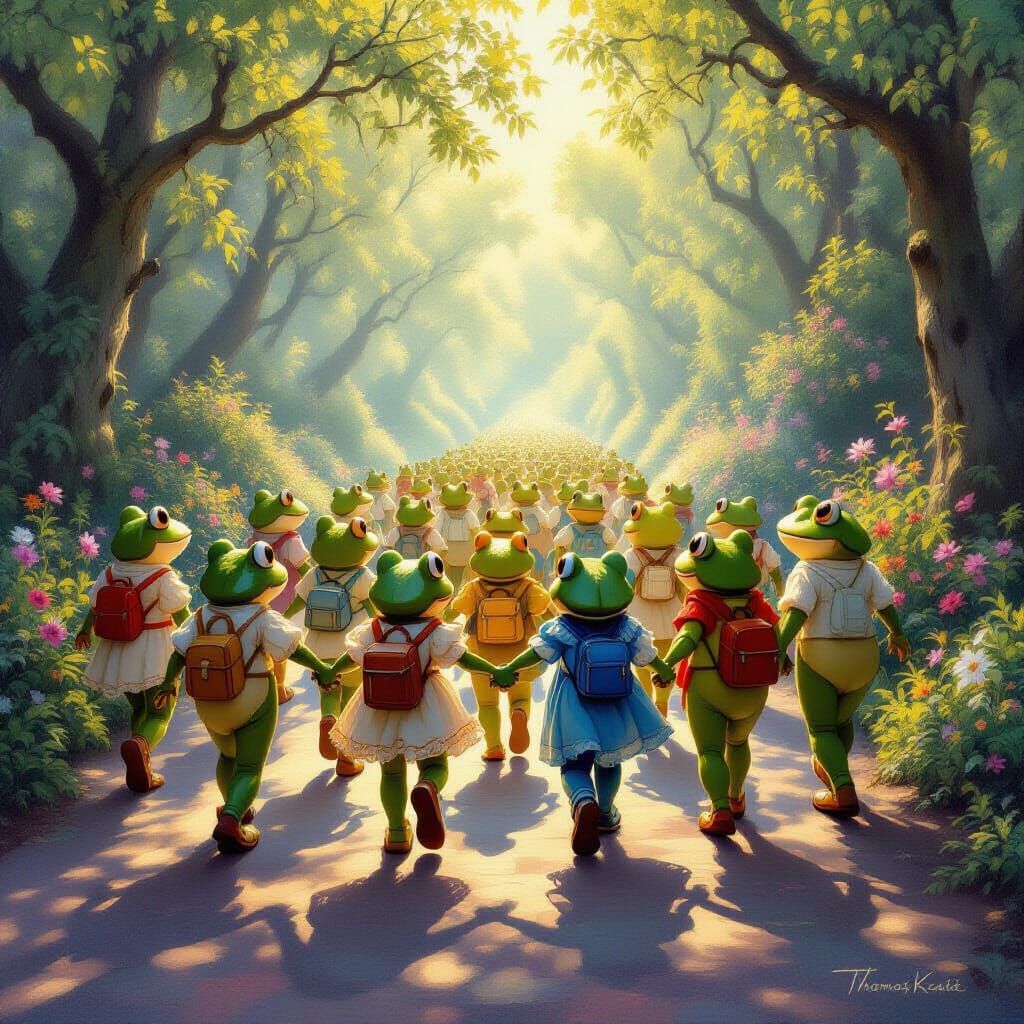 Joyful Frog Parade in Ethereal Fantasy Landscape