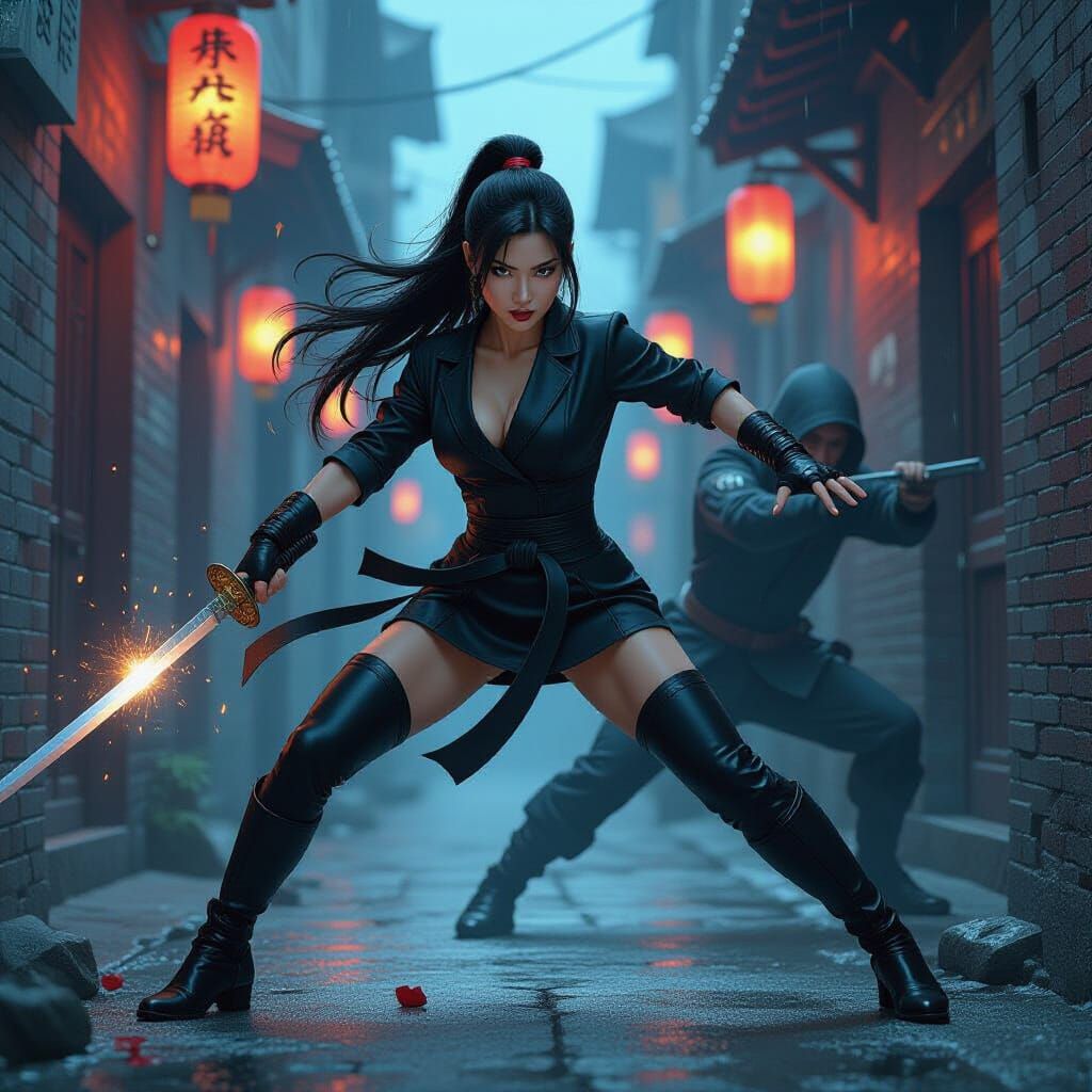 Female Ninja Destroying Assassin in Dark Alley
