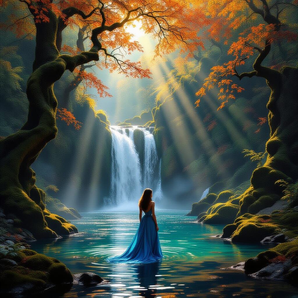 Hidden Autumn Waterfall With Serene Woman