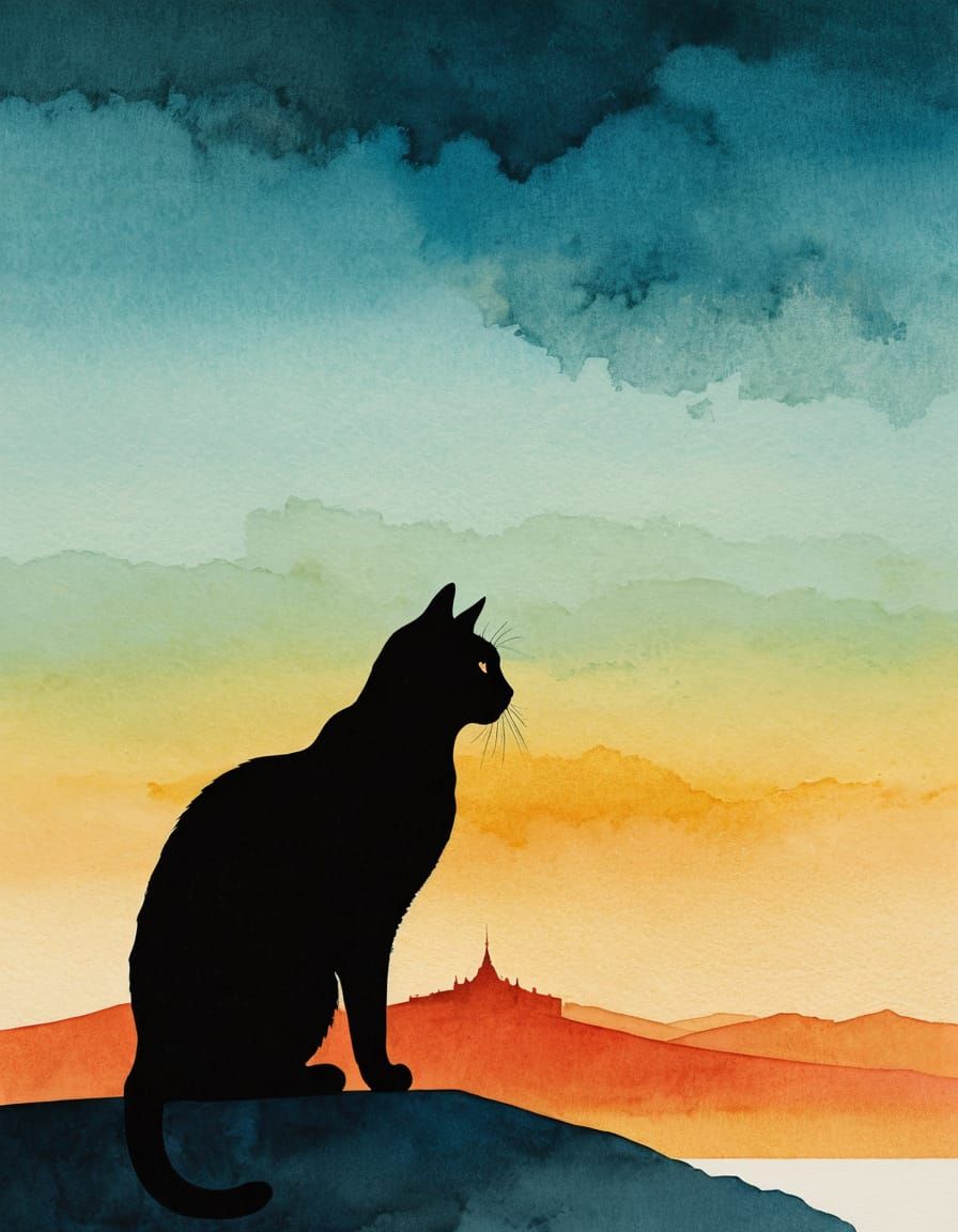 Minimalist Cat Silhouette with Colorful Sky