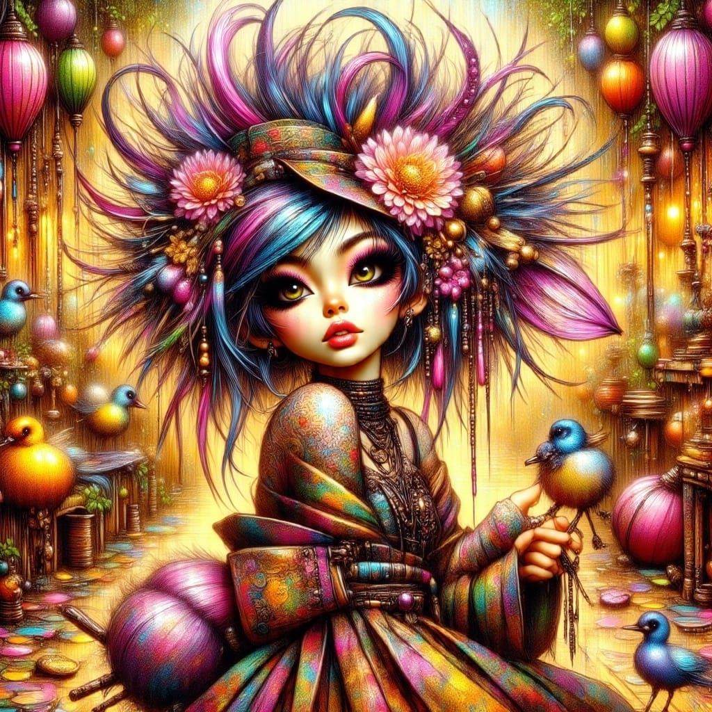 Patchwork Ducklings Dance in a Whimsical Oil Painting