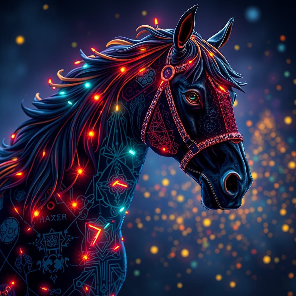 Synthwave Horse with Christmas Lights in Klimt & Bosch Style