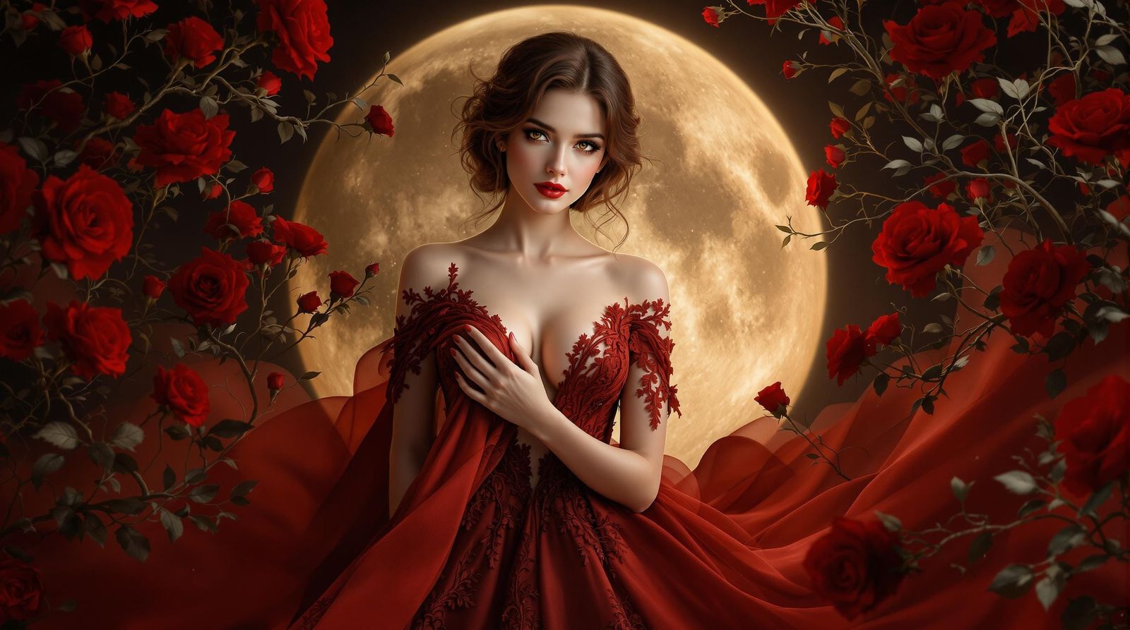 Ethereal Moonlit Goddess in Deep Red Gown