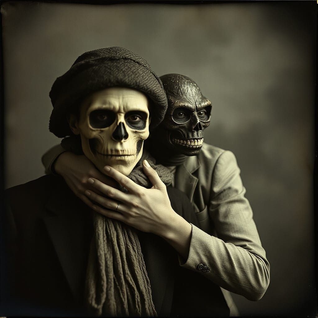 Eerie Cyborg Yeti Embrace in Gritty Photogravure Style