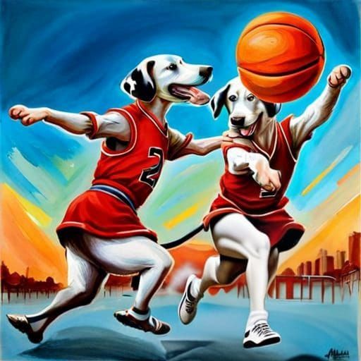 Dalmatian Dogs Play Basketball: Gouache Watercolor Style