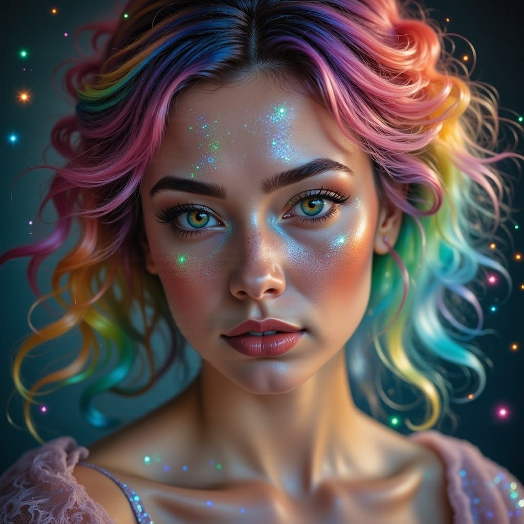Rainbow Hair Portrait in Vintage Surreal Style