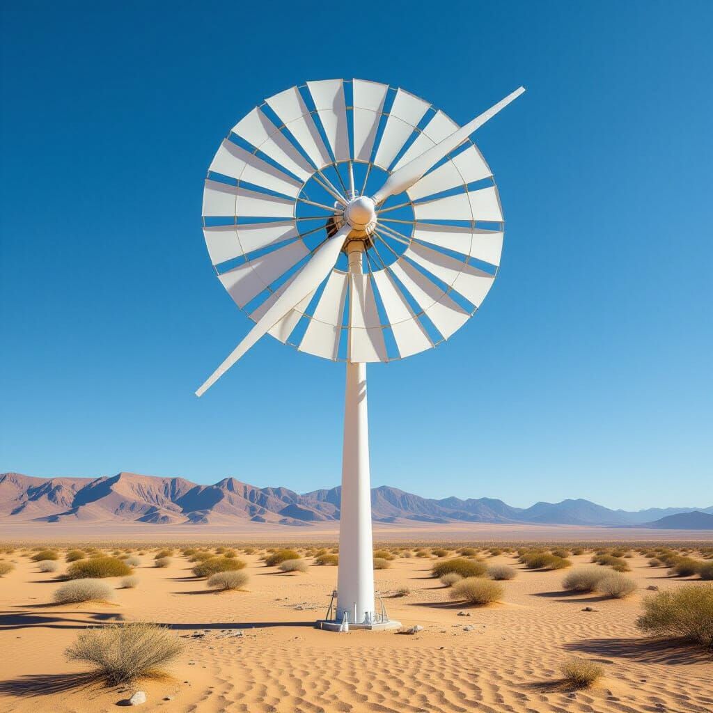 Intricate Wind Turbine Stands Tall in Vast Desert Landscape