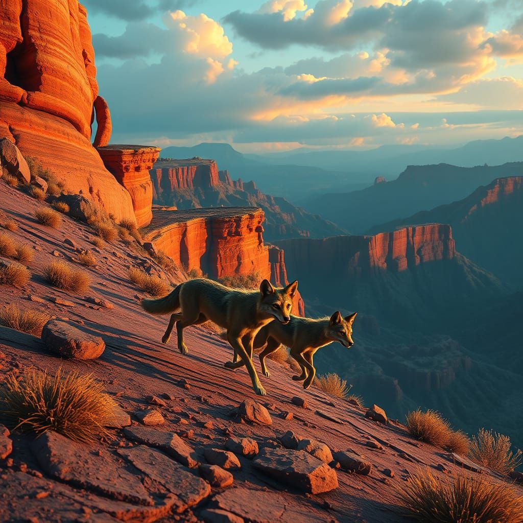 Coyotes Hunting Along Volcanic Arroyo in Concept Art Style