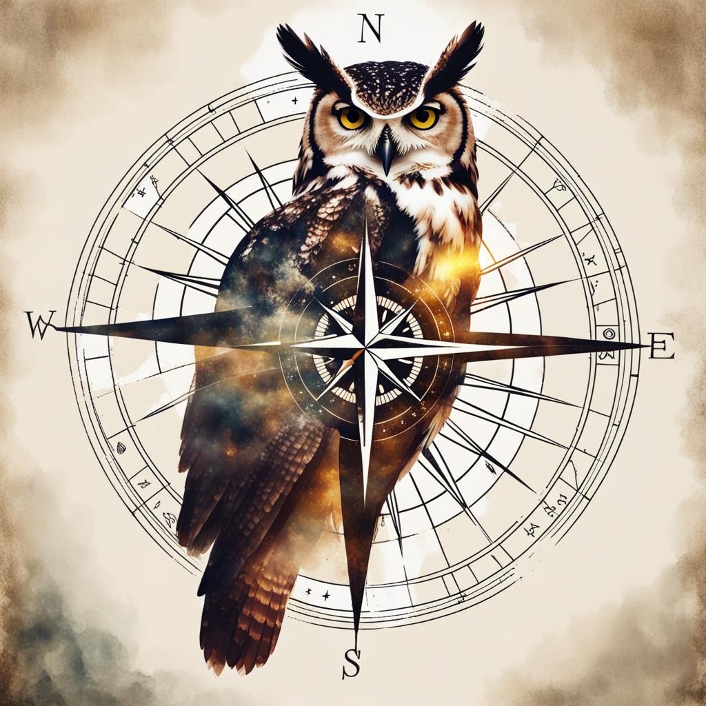 Double Exposure: Compass and Owl Fusion