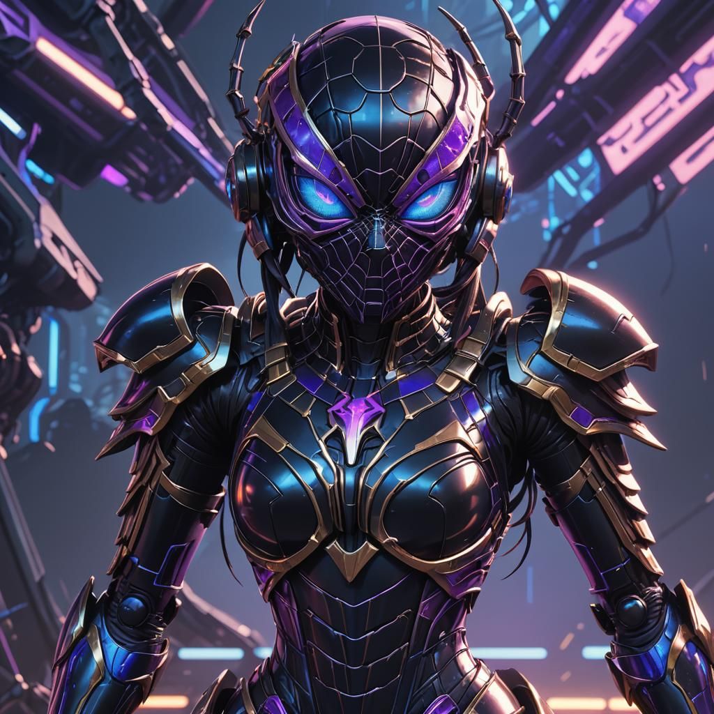 Female Spider Soldier in Black Techno-Organic Anime Art