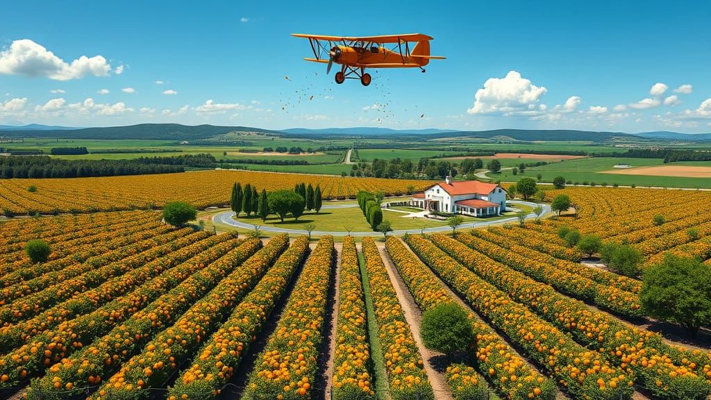 Orange Orchard Vista with Biplane in Gouache Style