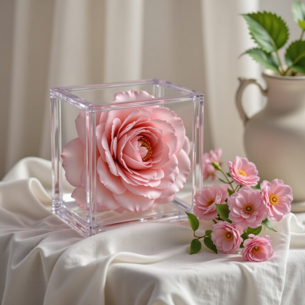 Denim Rose Encased in Clear Block, Realistic Detail