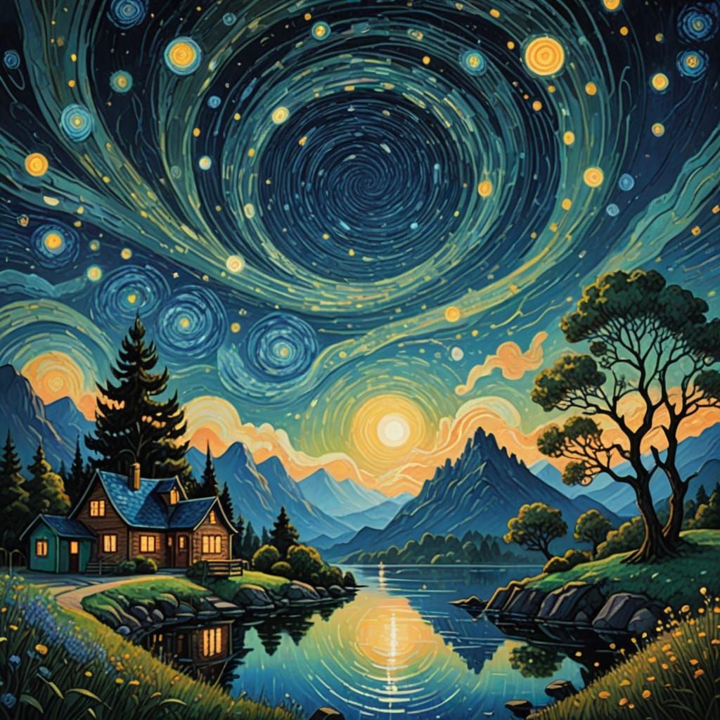 Bird Over Lake With Colorful Galaxy in Dreamlike Style