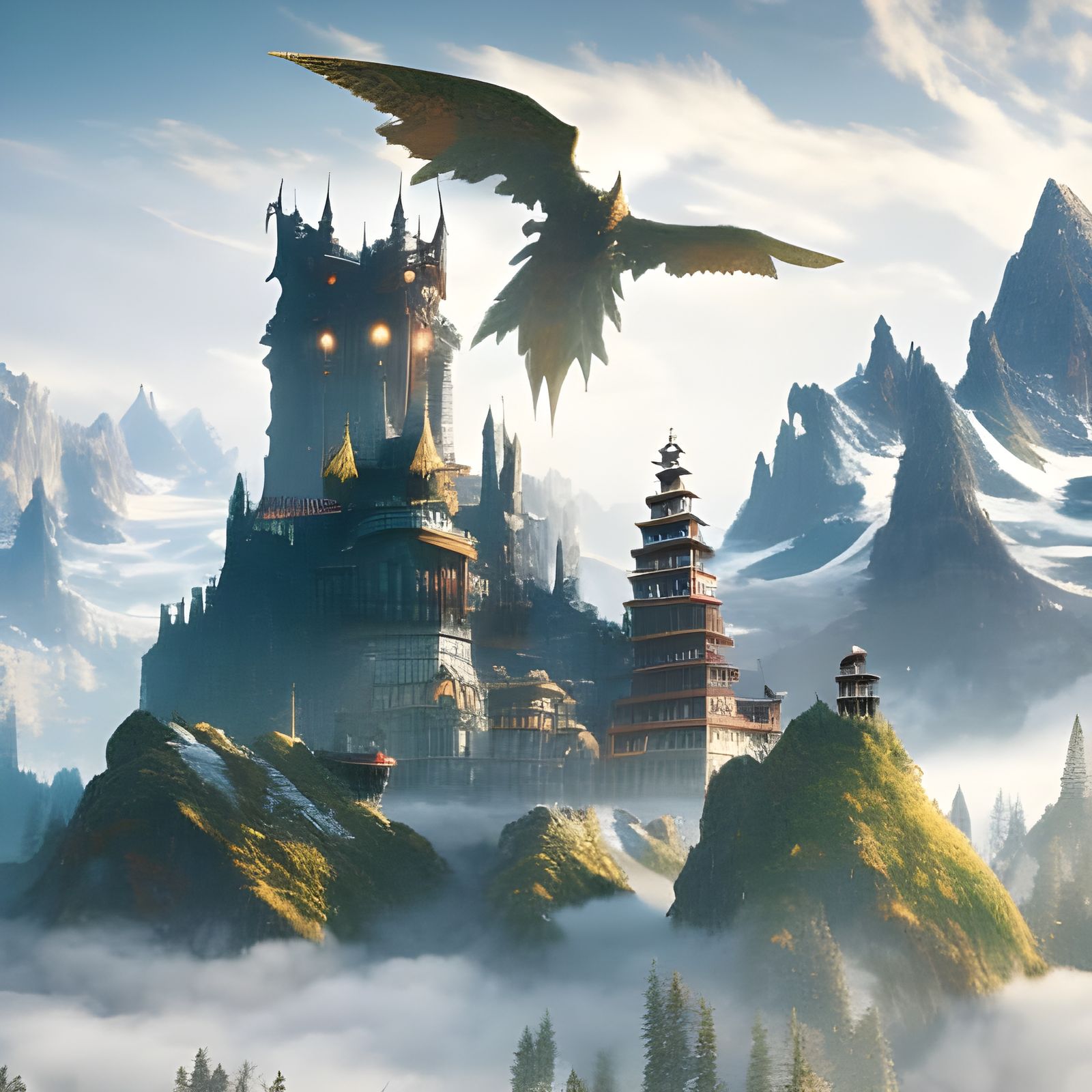 Majestic Mountain Castle with Griffin in Anime Style