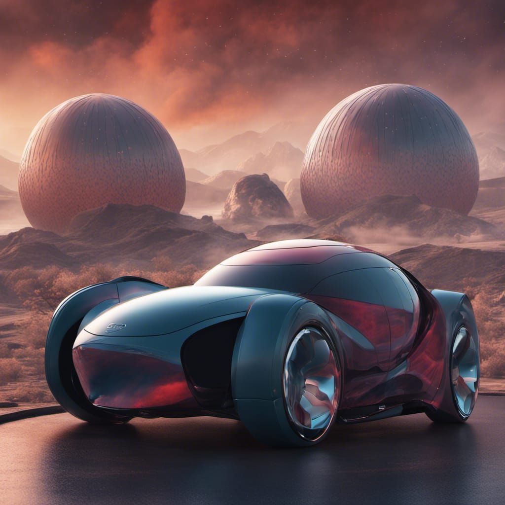 a car with a spherical, aerodynamic design that allows it to move effortlessly in any direction, giving it an otherworld...