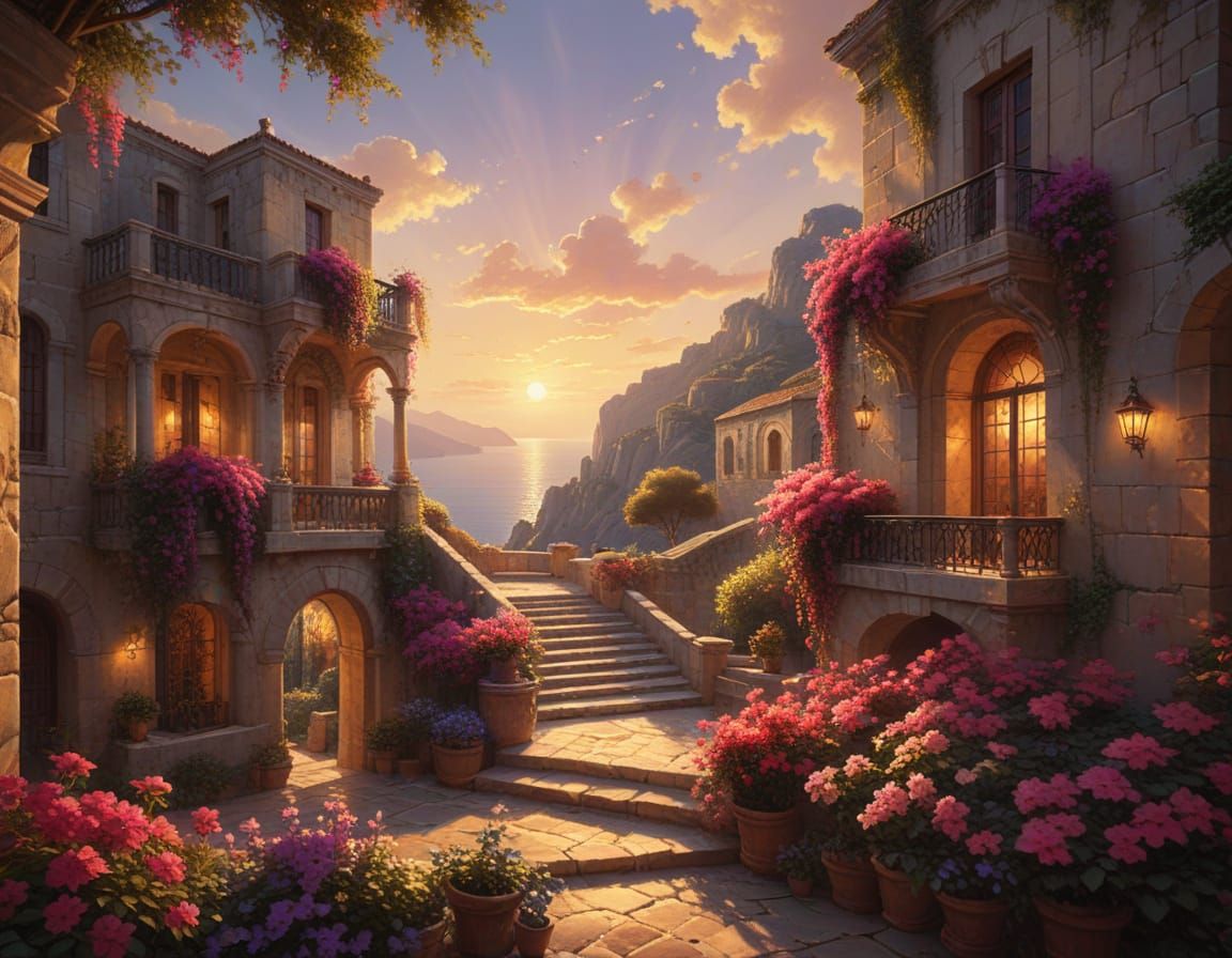 Romantic Greek Chateau at Sunset, Fantasy Art