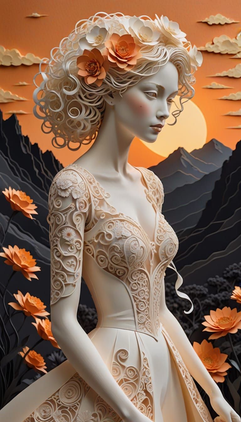 Albino Woman in Paper-Cut Dress at Sunset
