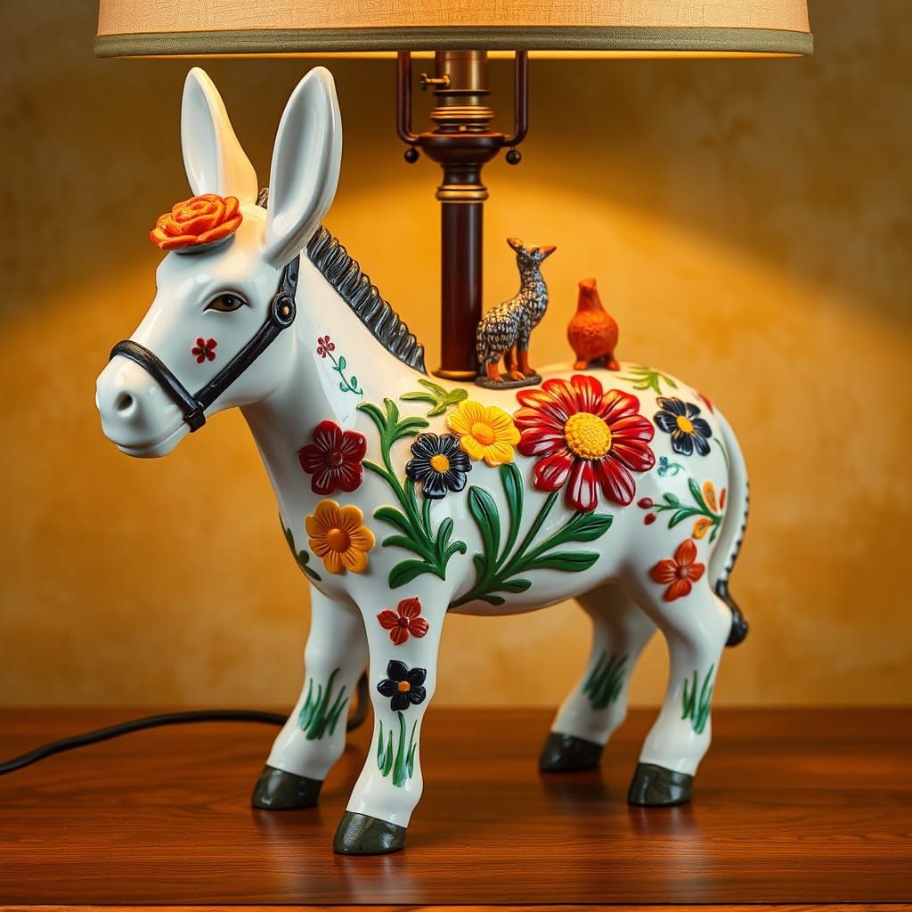 Donkey Lamp with Enameled Figurines, Moorcroft Style