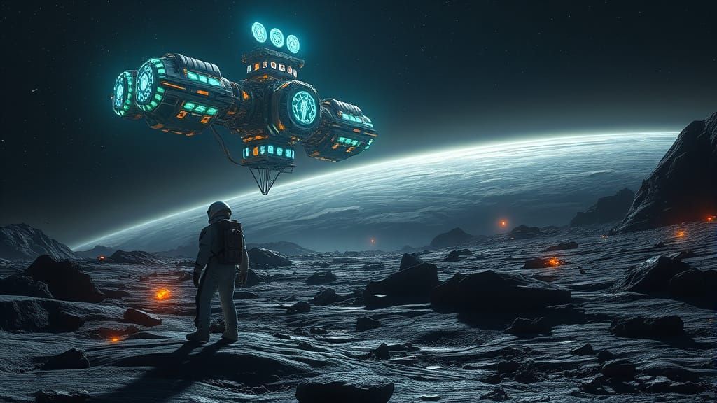 Lone Astronaut Admires Bioluminescent Space Station