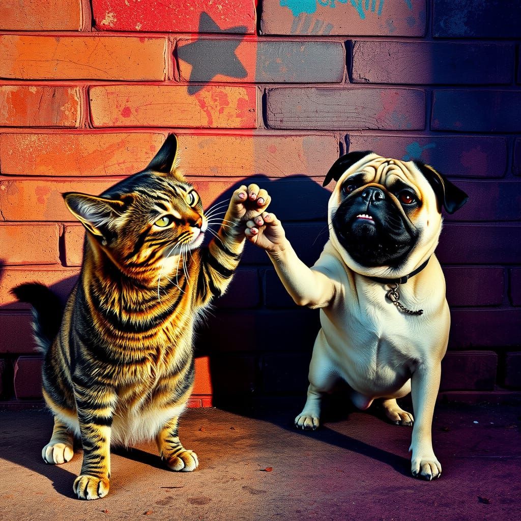 Whimsical Street Shadows: Tabby Cat and Pug Engage in Urban ...