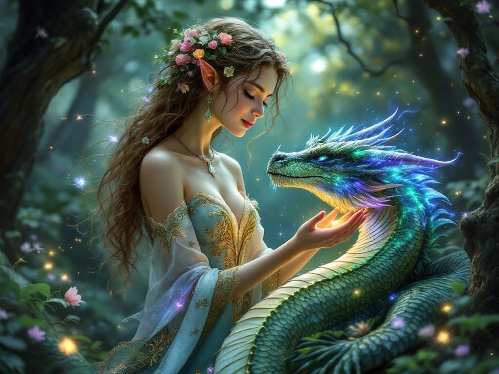 Ethereal Elf Bard Sings to Slumbering Dragon Under Moonlit T...