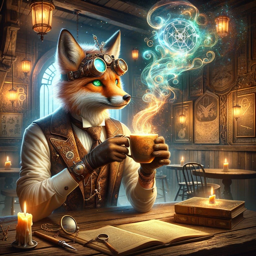 Steampunk Fox in Enchanted Cafe