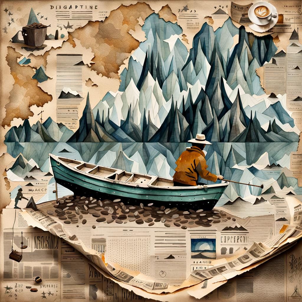 Fisherman on Newspaper in Digital Collage Style