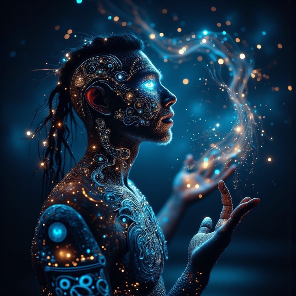 Maori Elder Silhouette Against Cosmic Galaxy