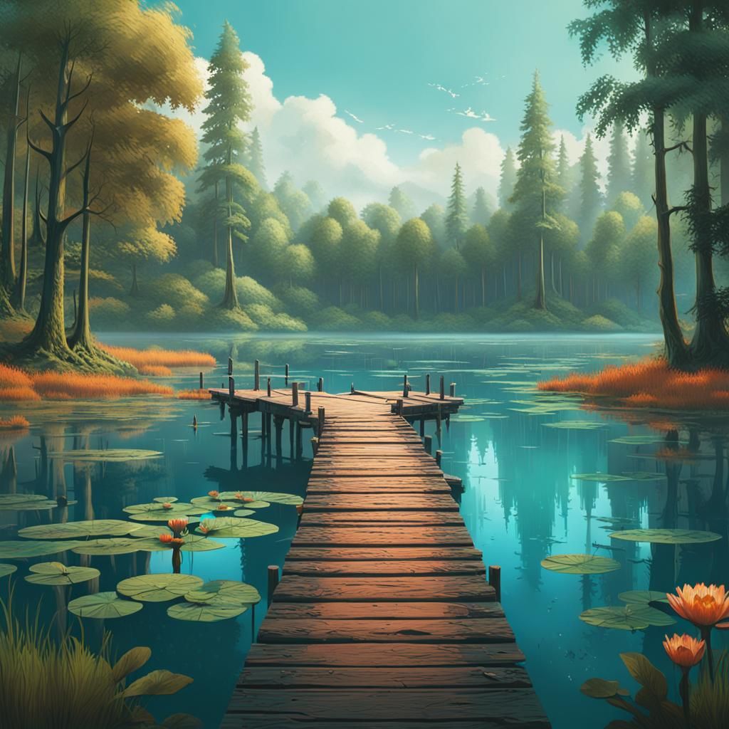 Serene Lake Pier: A Fantasy Matte Painting