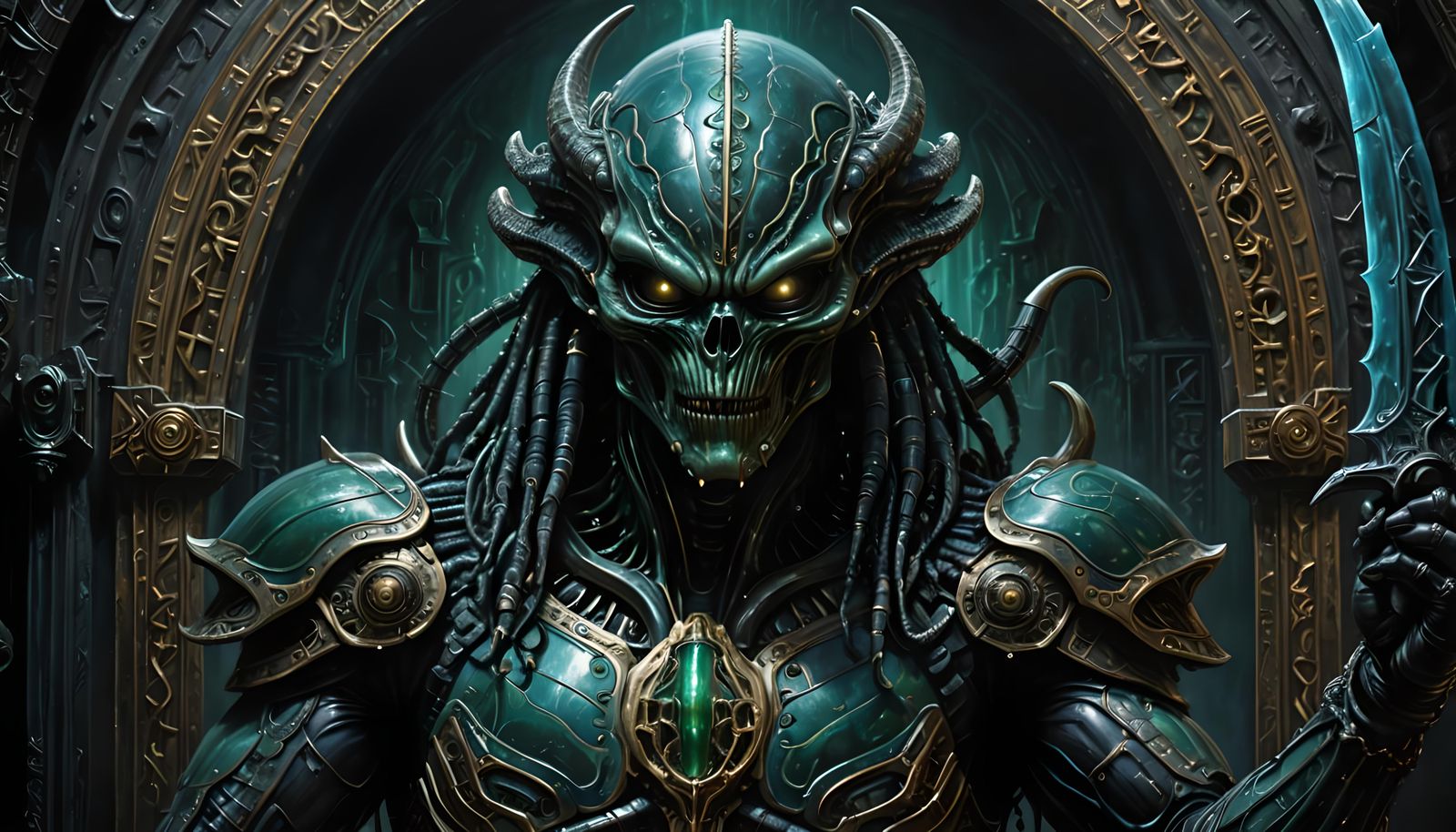 Alien Warrior with Golden Trim in Hyperrealistic Style