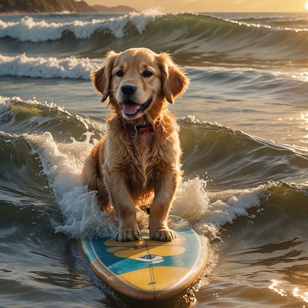 Golden Retriever Puppy Surfing: Hyperrealistic Digital Art