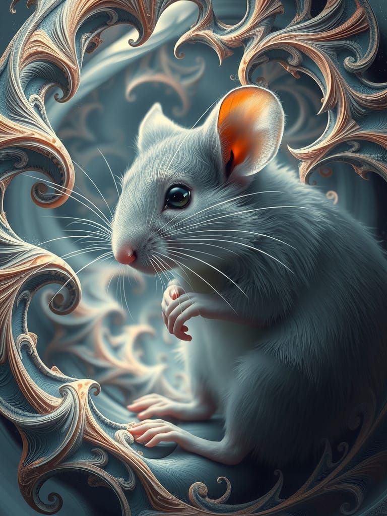 Mouse Contemplating Fractal Whirlwind in Realistic Cyberpunk...