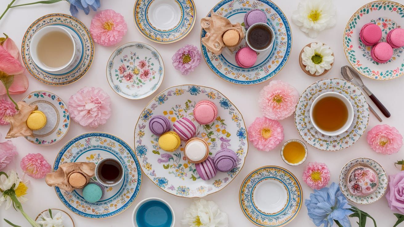 Pastel Cafe with Macarons and Tea, Watercolour Patchwork Sty...