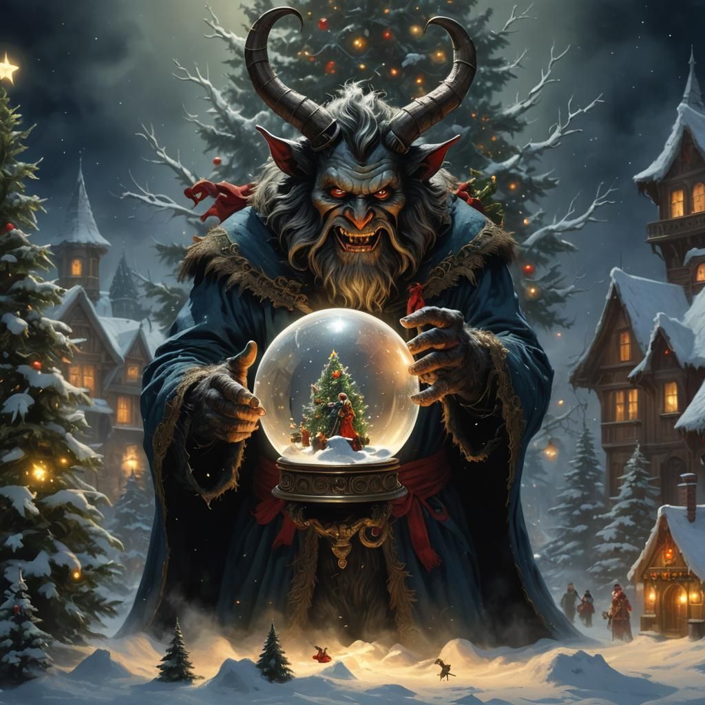 Krampus and Christmas Family in Snow Globe