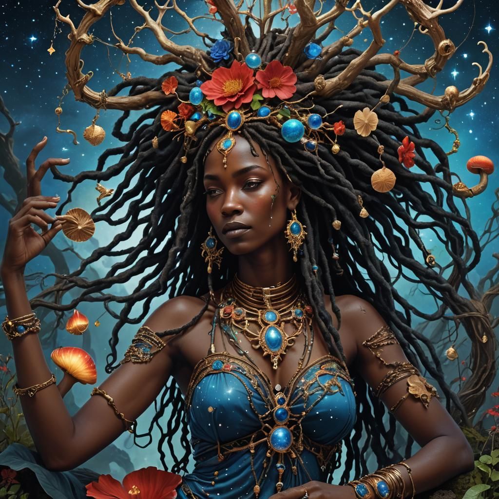 Celestial Ebony Queen with Bioluminescent Mushrooms
