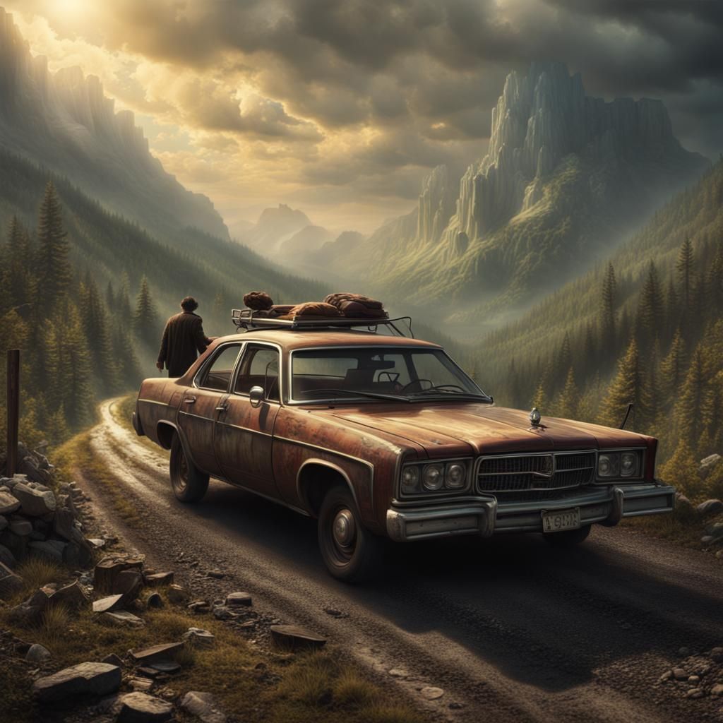 Psychedelic Hillbilly Hitchhiker in Digital Matte Painting