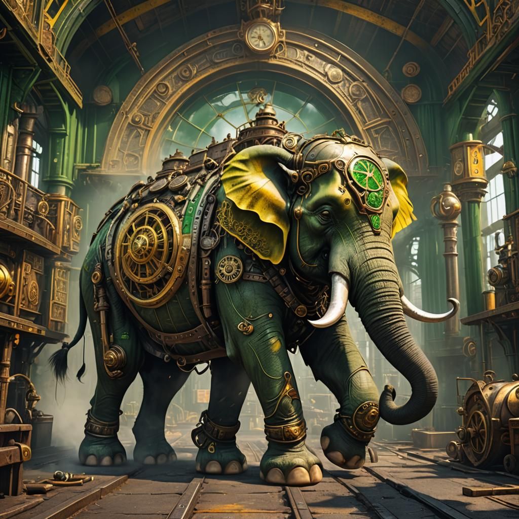 Steampunk Steel Elephant in Yellow and Green