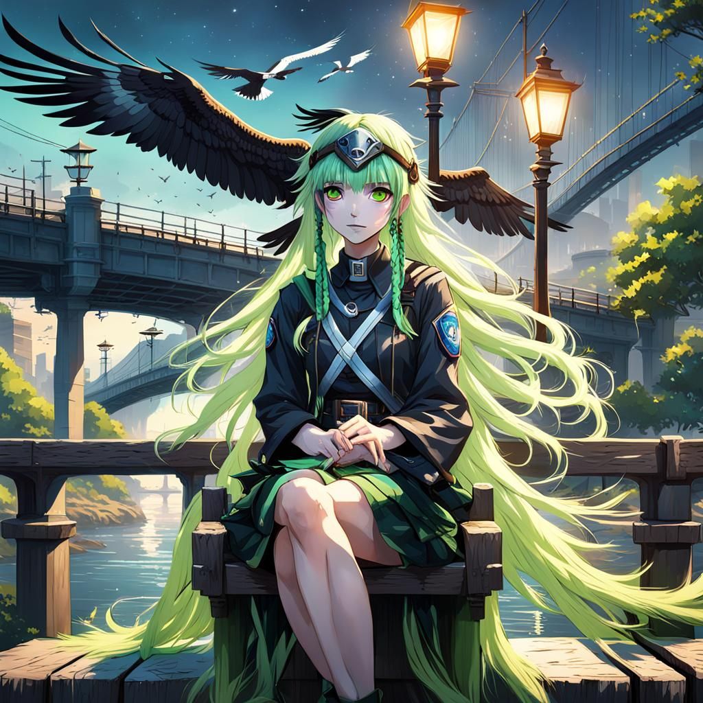 Anime Girl on Bridge with Osprey in Flight