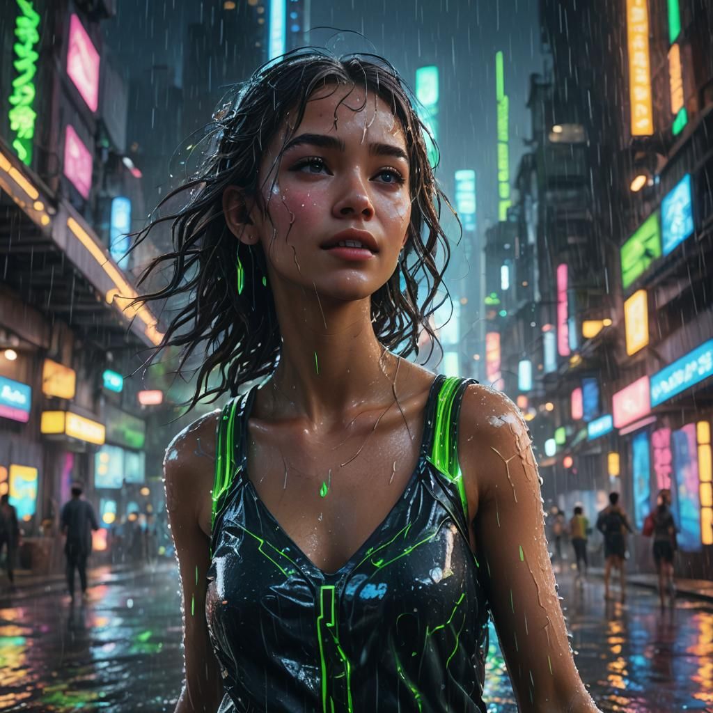 Mystical Girl Dancing in Neon City Rain