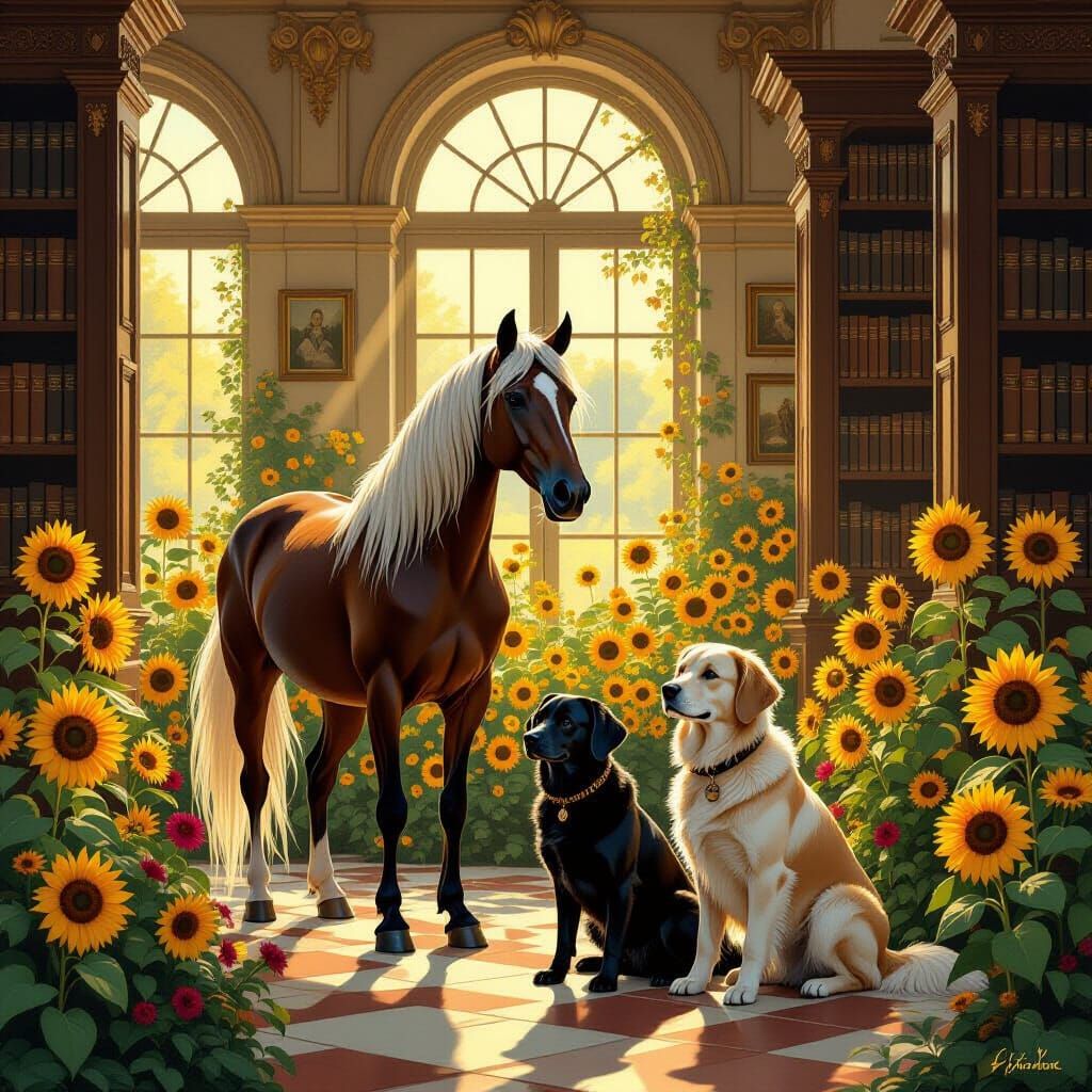 Majestic Arabian Mare in Sunlit Garden with Dogs