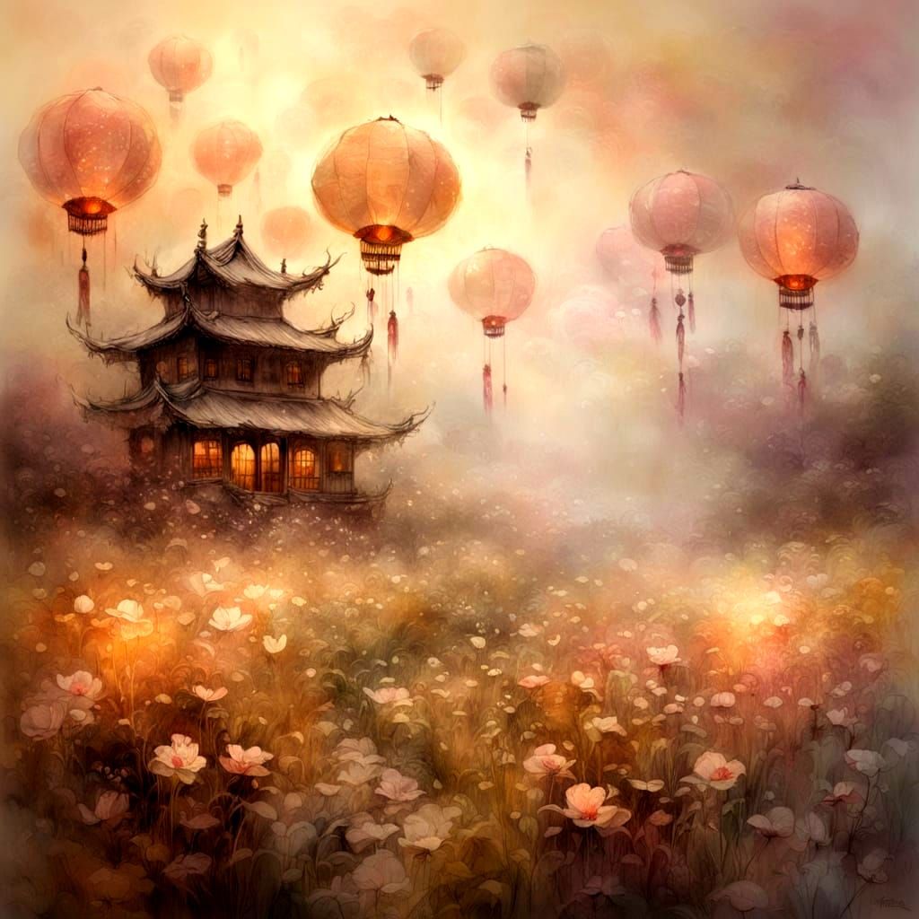 Ethereal Sepia Chinese Lanterns in Dream Field