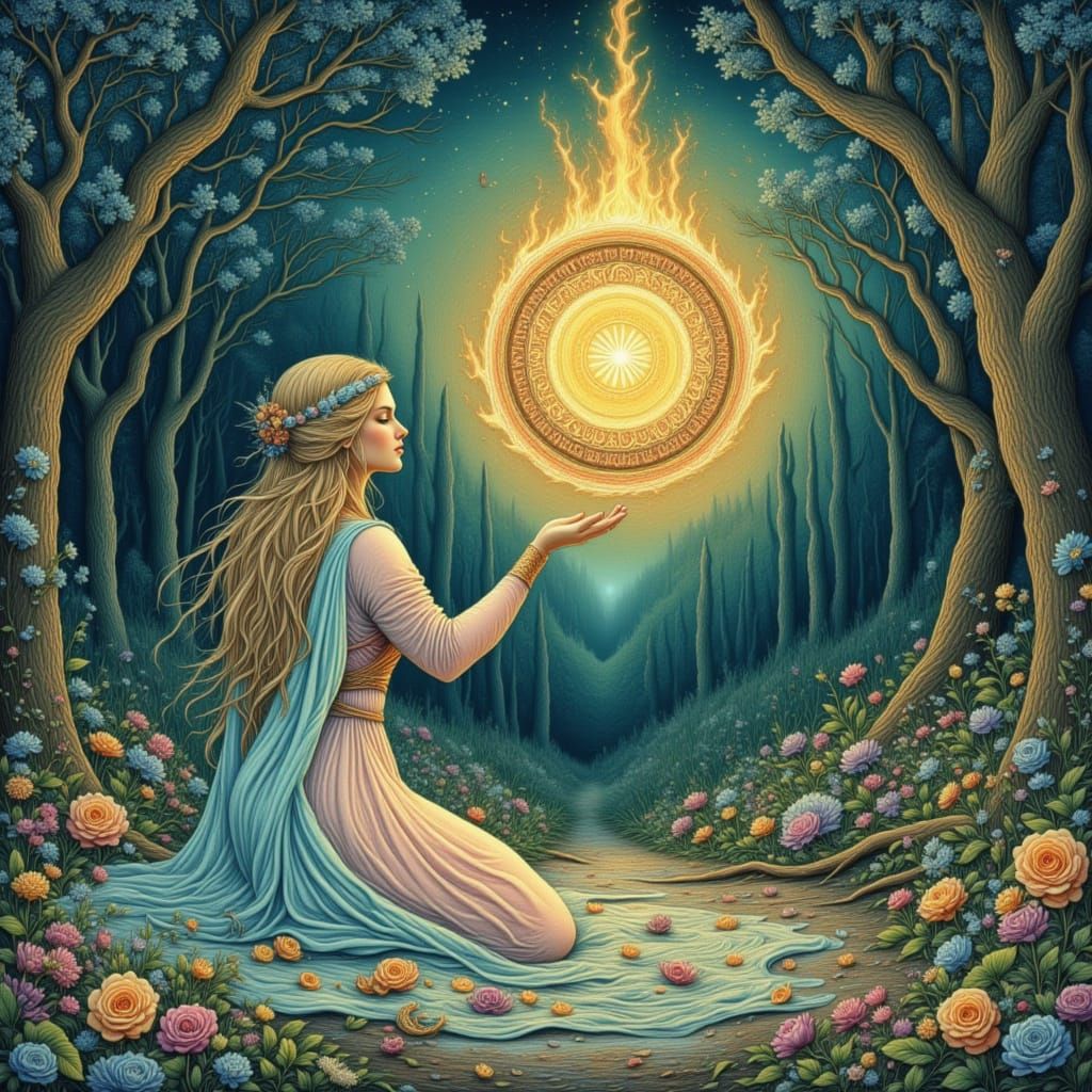 Ethereal Witch Casting Fire Spell in Pastel Forest