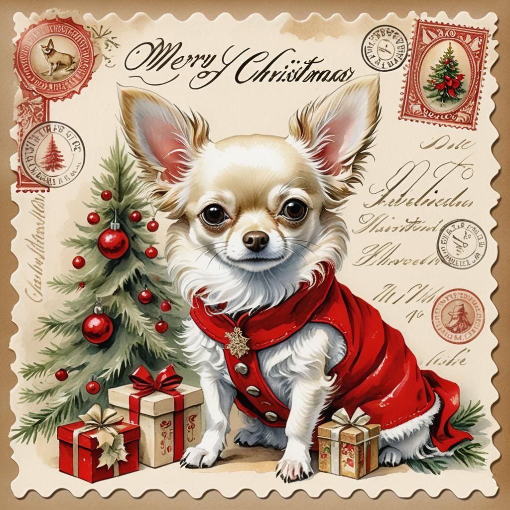 Christmas Chihuahua Watercolor with Vintage Ephemera