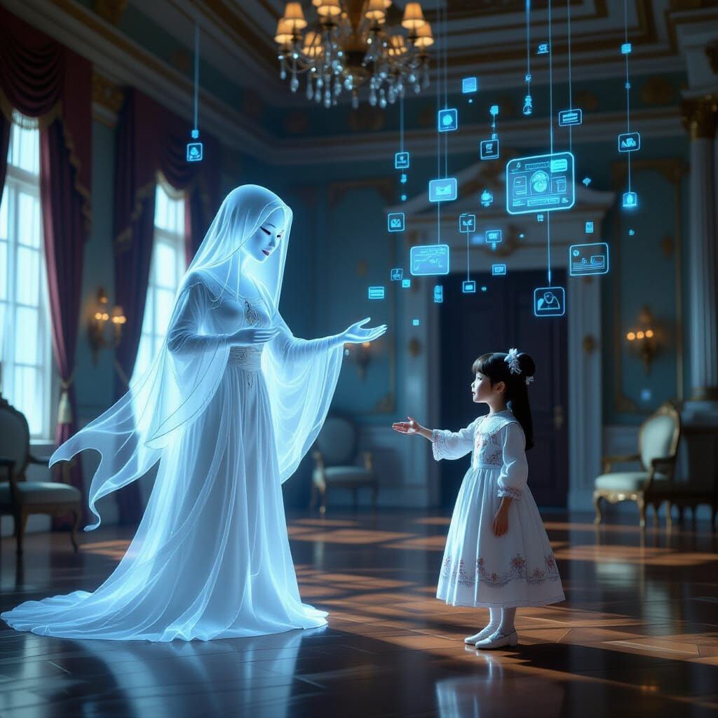Ghostly Figure Encounters Cartoon Self in Dreamlike Ballroom