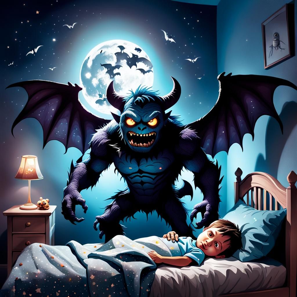 Surreal Monster Watching Sleeping Child: Dark Fantasy